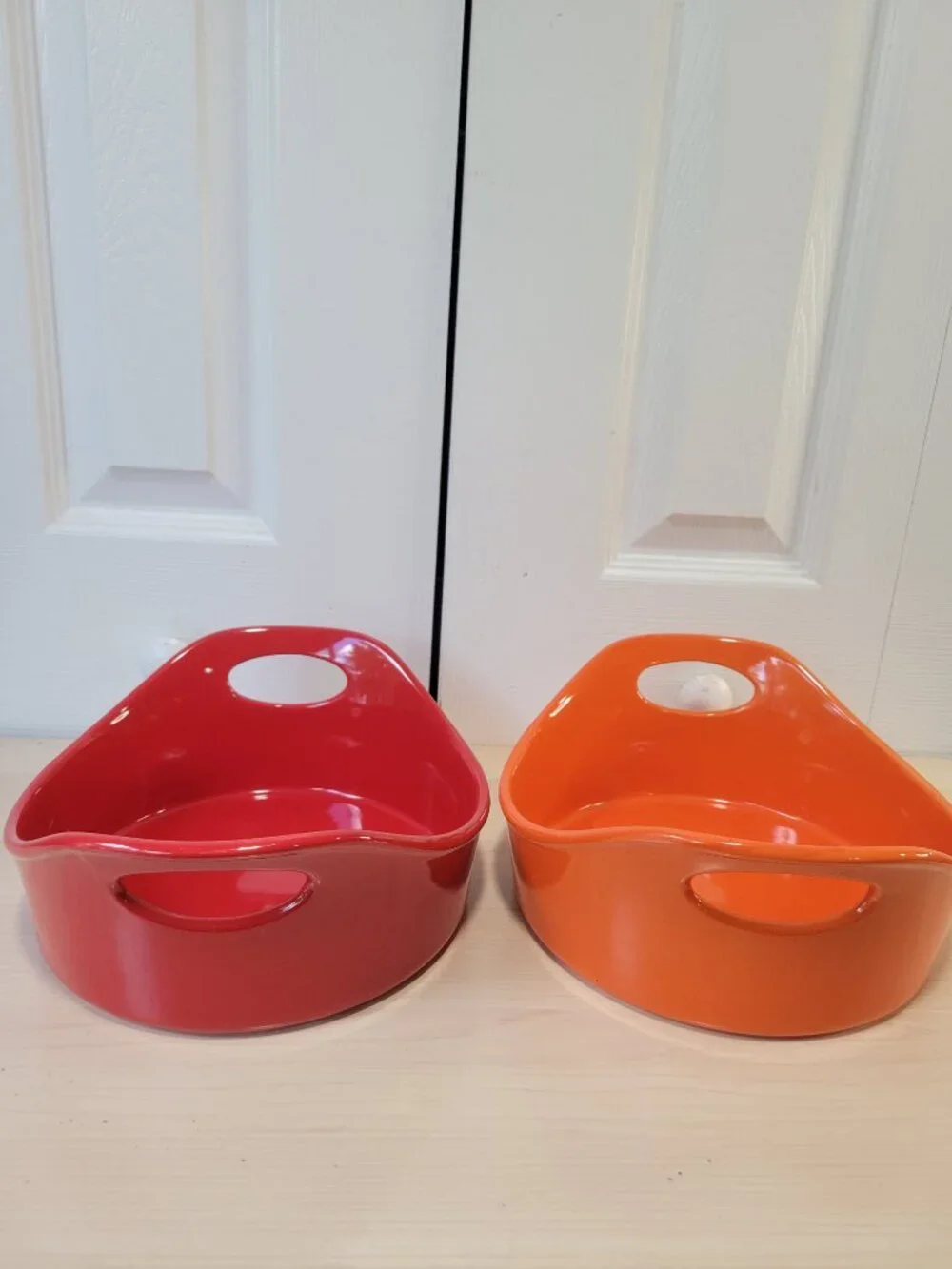 Set of 2 RACHAEL RAY Red Orange Stoneware Bubble & Brown Oval Baking Dishes EUC